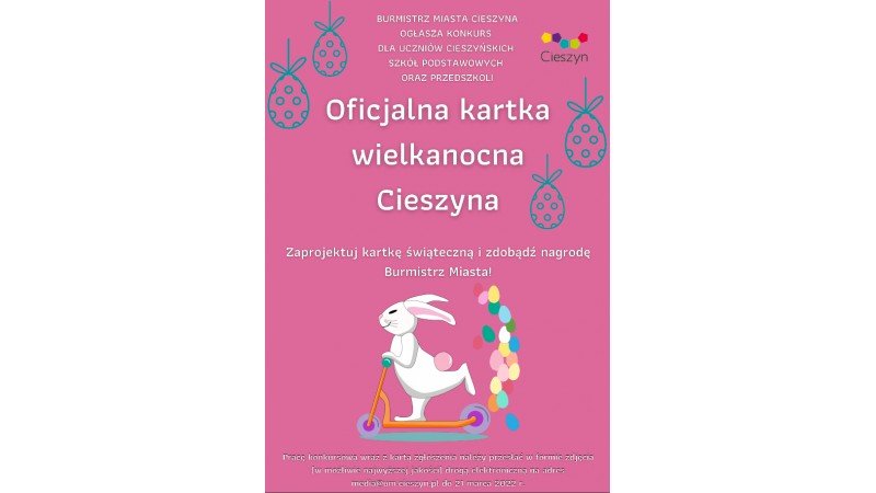 Kartka wielkanocna, różowe tło z grafiką królika na hulajnodze i logo Cieszyn robi wrażenie 